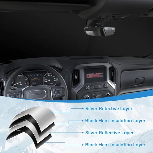 Vista 3 de Parasol para parabrisas delantero compatible con GMC (2019-2024) Sierra 1500 2500 3500 SLT, AT4, Denali Pickup Accesorios - 210T Protector solar