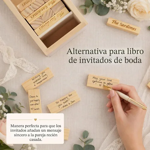 Vista 7 de WE Games Alternativa de libro de invitados de boda personalizado, caja de recuerdos de madera, 54 bloques, grabado personalizado 2 líneas de texto