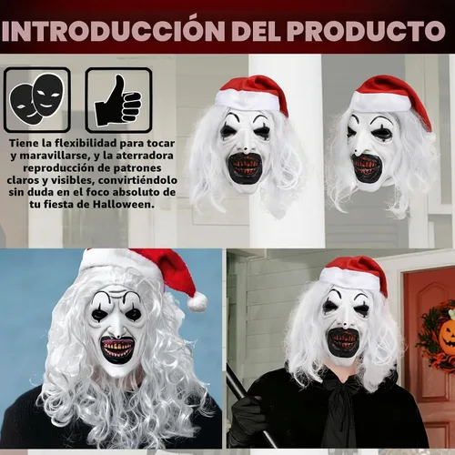 Vista 4 de Halloween Art - Máscara de payaso, disfraz de asesino de terror, máscara de silicona blanca de cara completa