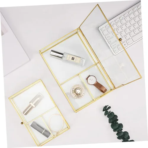 Vista 9 de Beavorty Caja de almacenamiento de joyas, elegante recipiente de vidrio transparente con cubierta para collares, aretes, lápices labiales, vitrina