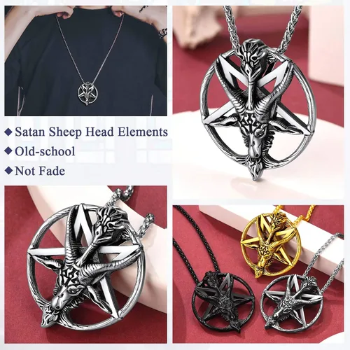 Vista 9 de FaithHeart Leviathan Satanic Brimstone Cross Necklace, Gold Plated Stainless Steel Satan Church Jewelry, Alchemical Symbol for Brimstone Pendant