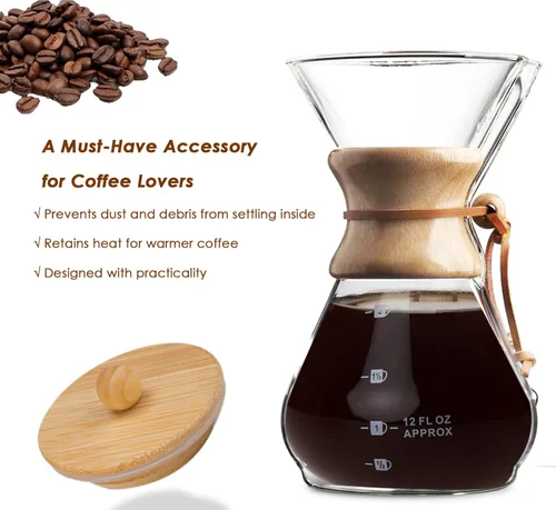 Vista 2 de Tapa de bambú para cafeteras Chemex 3/6/8/10 taza, diseño innovador, hecha de bambú natural