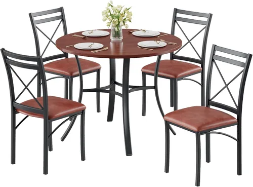 Vista 8 de VECELO juego de mesa de comedor de 5 piezas para 4 con sillas, superficie de grano de madera, espacio pequeño, cocina, desayunador, color marrón