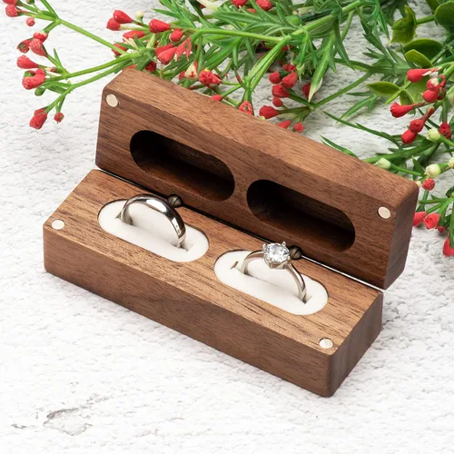 Vista 6 de Caja de doble anillo de madera para compromiso de ceremonia de boda, soporte de almacenamiento de anillos, caja decorativa para 2 anillos