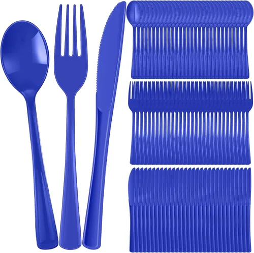 Vista 7 de Juego de cubiertos de plástico de 300 piezas, juego de cubiertos de plástico resistente, incluye 100 cucharas desechables, 100 tenedores, cuchillos