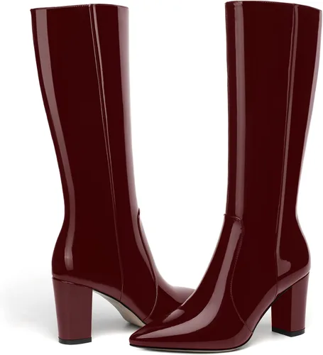 Vista 118 de AMBELIGHT Botas altas hasta la rodilla con cremallera y puntera puntiaguda para mujer, de patente sólida, tacón alto, 3.3 pulgadas