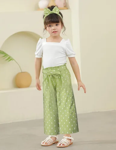 Vista 49 de DONWEN Conjunto de 3 piezas de ropa para niñas pequeñas y niñas con cuello cuadrado + pantalones elegantes + diadema para primavera y verano