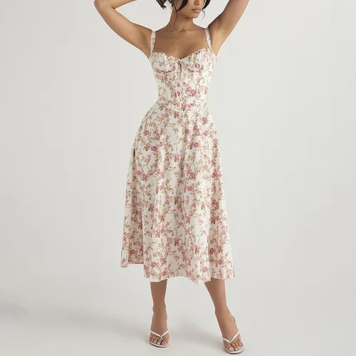 Vista 5 de Vestido de corsé floral para mujer, estilo bohemio, de verano, tirantes delgados, cuello cuadrado, casual, por debajo de la rodilla, con abertura