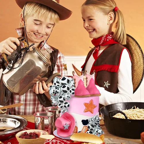 Vista 4 de 25 piezas de adornos para tarta de vaquera, adornos para pastel con sombrero y bota de vaquera, adorno para pastel con bola de disco, adorno