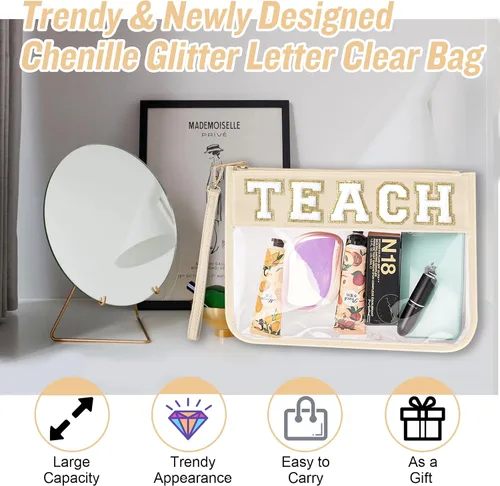 Vista 8 de Regalos de Apreciación para Profesores TEACH Bolso de Maquillaje de Chenilla con Letras, Bolso Transparente de PVC con Monograma y Cremallera