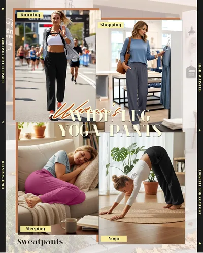 Vista 83 de Neer - Conjunto de 3 pantalones de yoga de pierna ancha para mujer - Pantalones deportivos cómodos, holgados, de cintura alta y casuales