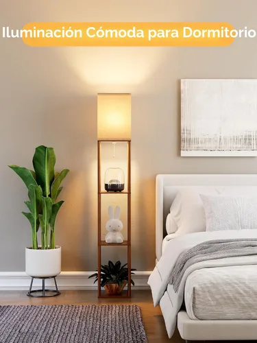 Vista 7 de Lámpara de pie con estantes para sala de estar color marrón nogal, lámpara de pie con estante con bombilla LED de 3 CCT, lámpara de columna de pie