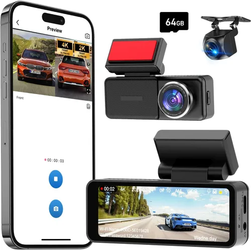 Vista 9 de Dash Cam frontal y trasera interior de 3 canales, cámara de tablero 1080P con tarjeta de 64 GB