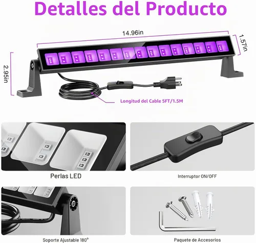 Vista 4 de Barra de luz LED negra de 45 W, luces negras para fiesta brillante, luz negra impermeable con enchufe e interruptor, luz de Halloween