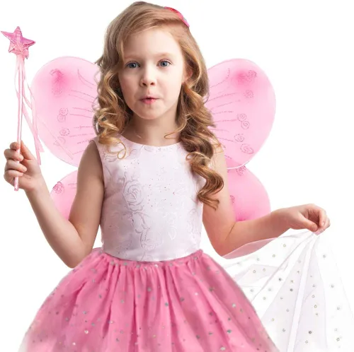 Vista 2 de EQLEF Disfraz de hada juego de alas de mariposa disfraz de princesa para niñas color rosa