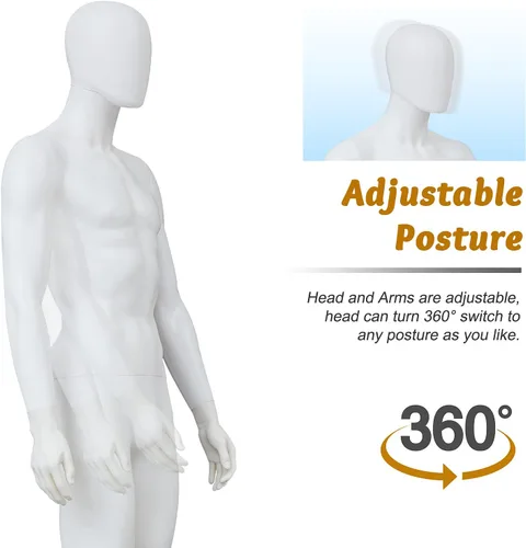 Vista 5 de Maniquí masculino de 6 pies con forma de cuerpo completo para vestido, soporte ajustable y posable, maniquí torso con base de metal, blanco