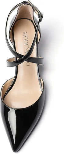 Vista 3 de MODENCOCO Zapatos de tacón bajo para mujer, con puntera puntiaguda, con hebilla y correa cruzada, para mujer, de 2 pulgadas