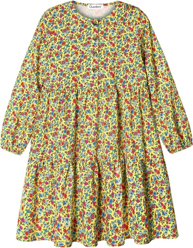 Vista 2 de Quedoris Vestido casual para niñas, estampado y color sólido, manga de farol, suelto, con vuelo, con botón