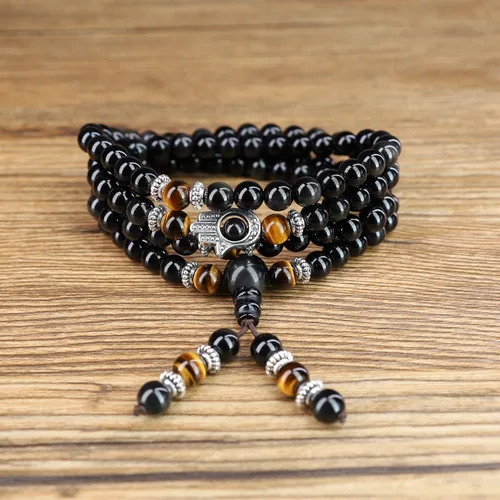 Vista 4 de COAI Collar de mano Hamsa de piedra negra 108 Mala, Piedra, Jaspe