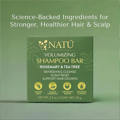Vista 2 de NATÚ BOTANICALS Barra de champú voluminizadora – Restablecimiento del cuero cabelludo de romero y árbol de té, champú sólido ligero