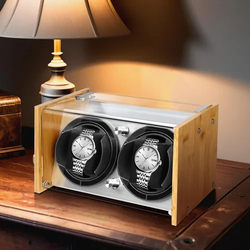 Vista 2 de Bobinadora de reloj de bambú para 2 relojes automáticos grandes a pequeños de Watch Winder Smith