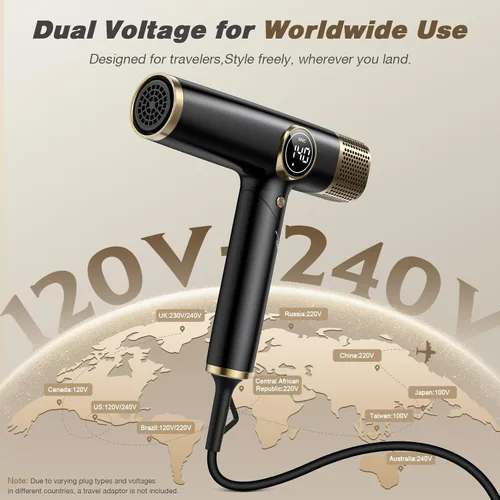 Vista 2 de Secador de pelo de viaje de doble voltaje con difusor, secador iónico profesional de alta velocidad de 1900 W para secado rápido, ligero, sin daños