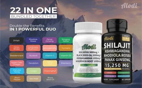 Vista 2 de Paquete de musgo marino + Shilajit Ultra Wellness lleno de Ashwagandha, Panax Ginseng, Rhodiola Cordyceps, cúrcuma, aceite de semilla negra, vejiga