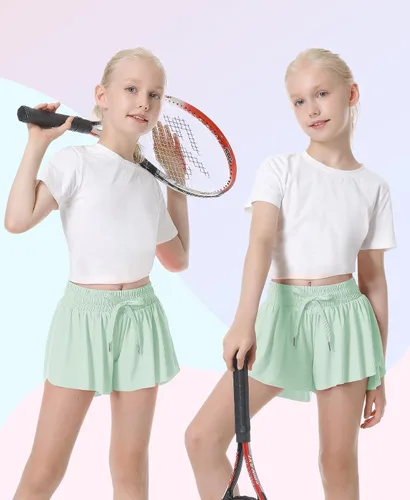 Vista 4 de QooNoo Girls Butterfly Shorts with Pocket Flowy Athletic Shorts High Waist Preppy Running Shorts for Kids Teen