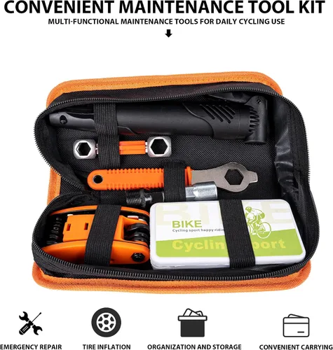 Vista 4 de Kit de reparación de neumáticos de bicicleta con bomba, kit de parche de tubo de bicicleta con múltiples herramientas, palancas de neumáticos