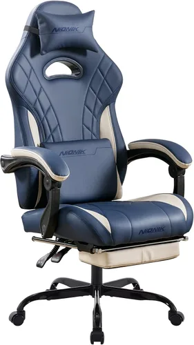 Vista 14 de Silla de juegos con reposapiés y soporte lumbar de masaje, silla ergonómica para videojuegos, sillas de videojuegos de oficina con altura y respaldo