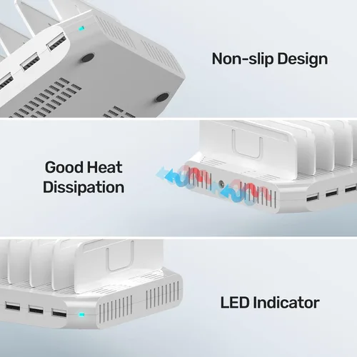 Vista 7 de Unitek Estación de carga múltiple, cargador USB de 10 puertos para múltiples dispositivos con tecnología SmartIC y divisores ajustables, soporte