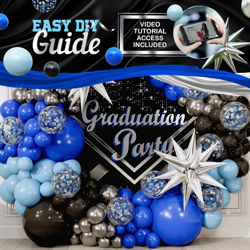 Vista 4 de Kit de arco de globos todo en uno azul y negro con estrella fugaz de bonificación – Globos plateados negros azules pequeños y grandes – Decoraciones