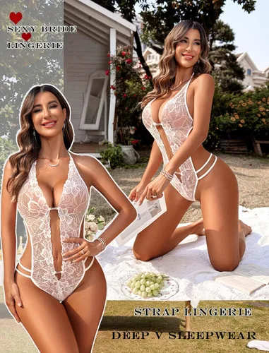 Vista 48 de Avidlove - Body de lencería de una pieza para mujer, diseño de encaje sexy con escote en V profundo, babydoll, ropa de dormir, tallas XS a XXXL