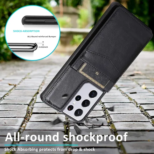 Vista 7 de Funda de teléfono para Samsung Galaxy S21 Ultra Glaxay S21ultra 5G con protector de pantalla de vidrio templado y tarjetero para tarjetas de Negro