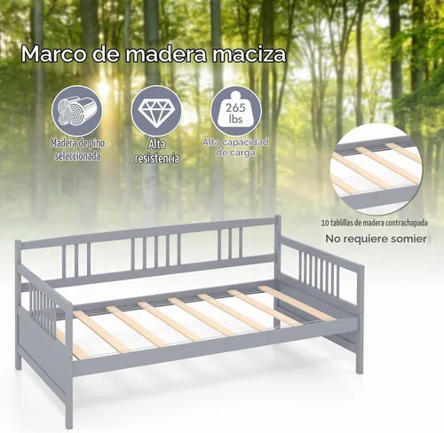 Vista 8 de KOMFOTT Marco de sofá cama de madera tamaño individual, marco de cama de sofá con soporte de listones de madera, no necesita somier, marco de sofá