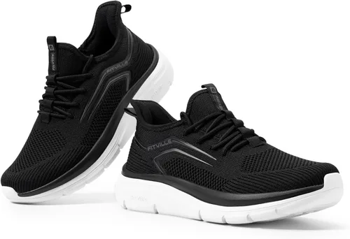 Vista 6 de FitVille Zapatos anchos para caminar para hombre, zapatillas atléticas, zapatos ligeros de entrenamiento sin cordones para pies planos - Cloud