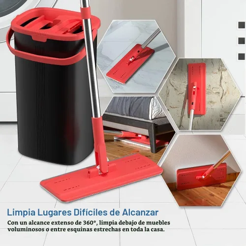 Vista 5 de TETHYS Juego de trapeador y cubo de piso plano para sistema profesional de limpieza de suelos del hogar con mango de aluminio/2 almohadillas