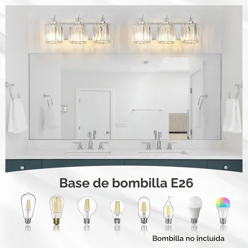 Vista 6 de Accesorio de Iluminación de Baño Moderno de 3 Luces Cromado Luces de Tocador de Baño Sobre Espejo Aplique de Pared con Pantallas de Cristal K9 Base