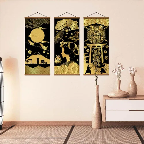 Vista 4 de Warrior's Dreams - Póster impreso en lienzo para pared, con casco blindado, espíritu samurái con pergamino de madera, listo para colgar, decoración