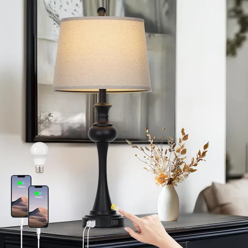 Vista 9 de CINSARY Lámpara de mesa marrón alta de 29", lámpara de noche con control táctil regulable en 3 vías con USB A+C y toma de corriente AC