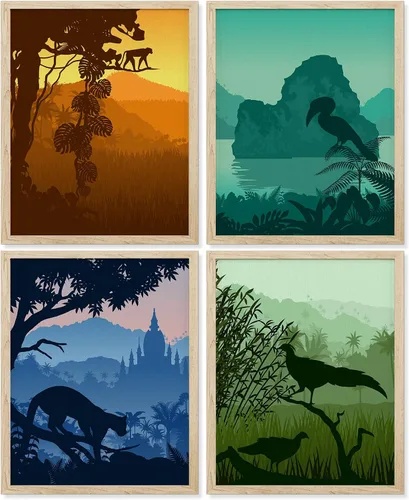 Vista 125 de SIGNWIN Marco de arte de pared de jirafa de safari africano, juego de 4 impresiones coloridas de paisaje, decoración de pared de naturaleza