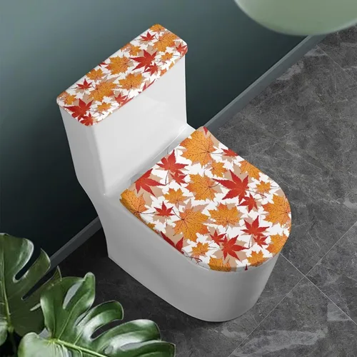 Vista 2 de Juego de 2 Fundas de Asiento de Inodoro con Hojas de Arce de Otoño, Juego de Fundas de Tapa de Tanque de Inodoro con Hojas de Arce Impresas