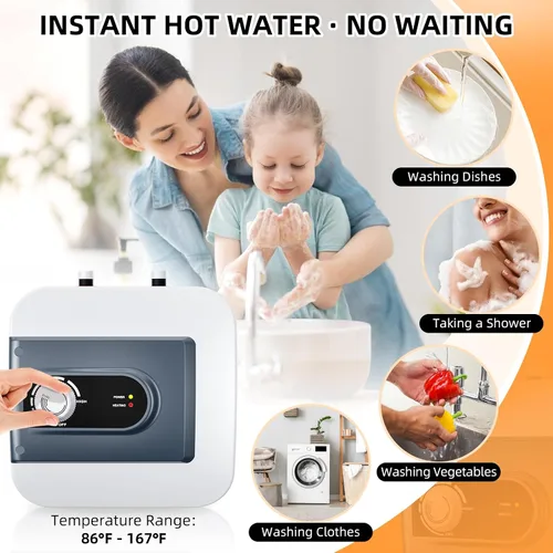 Vista 2 de Calentador de agua eléctrico de 1.6 galones, 1500 W bajo el fregadero, calentador de agua caliente bajo demanda, punto de uso montado en la pared