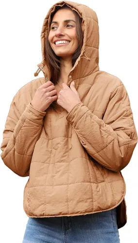 Vista 8 de QIBABU Chaqueta Puffer con Capucha de Gran Tamaño para Mujer Sudaderas con Capucha Ligeras Tipo Pullover Acolchadas Dolman Manga Larga Abrigo