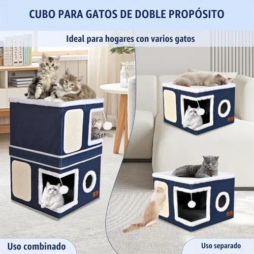 Vista 3 de Casa de Gato de 2 Pisos para Gatos de Interior, Cama de Cueva de Gato de Dos Propósitos con Almohadilla para Arañar y Bola Esponjosa, Escondite