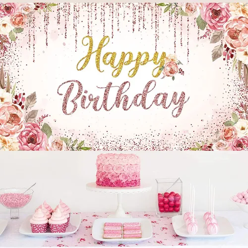 Vista 4 de Cartel floral de feliz cumpleaños para niñas y mujeres, suministros de decoración de fiesta de cumpleaños rosa y dorado, fondo de fotografía