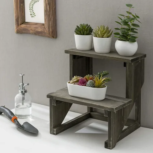 Vista 2 de MyGift Estante de 2 niveles de madera rústica gris oscuro para plantas de escritorio, soporte de maceta estilo granja, organizador de exhibición