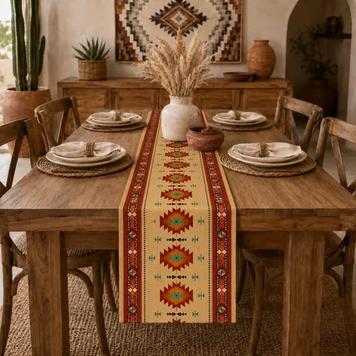 Vista 193 de Camino de mesa étnico del suroeste, navajo tribal nativo americano, bohemio, patrón geométrico azteca, camino de mesa para cocina, mesa de comedor