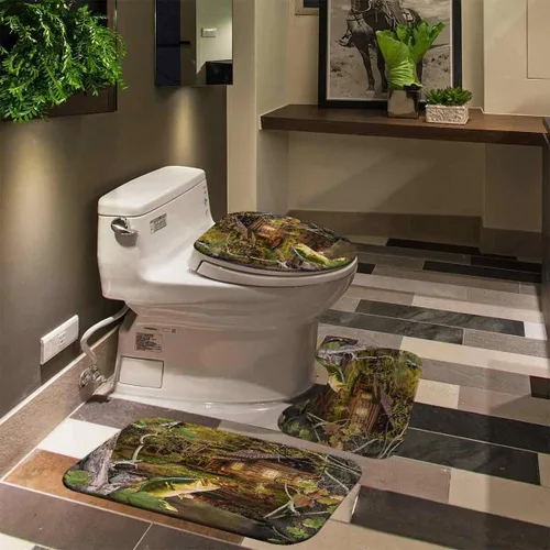 Vista 5 de Juego de 4 cortinas de ducha de cabaña, diseño de pez lubino salta del lago para comer, libélula barco, camuflaje, bosque verde, bosque, casa