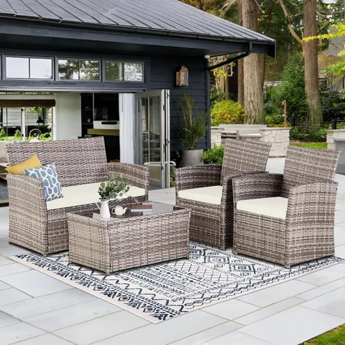 Vista 7 de Juego de muebles de patio de 6 piezas, juego de conversación de mimbre para exteriores, sofá modular de ratán con mesa de centro de cristal